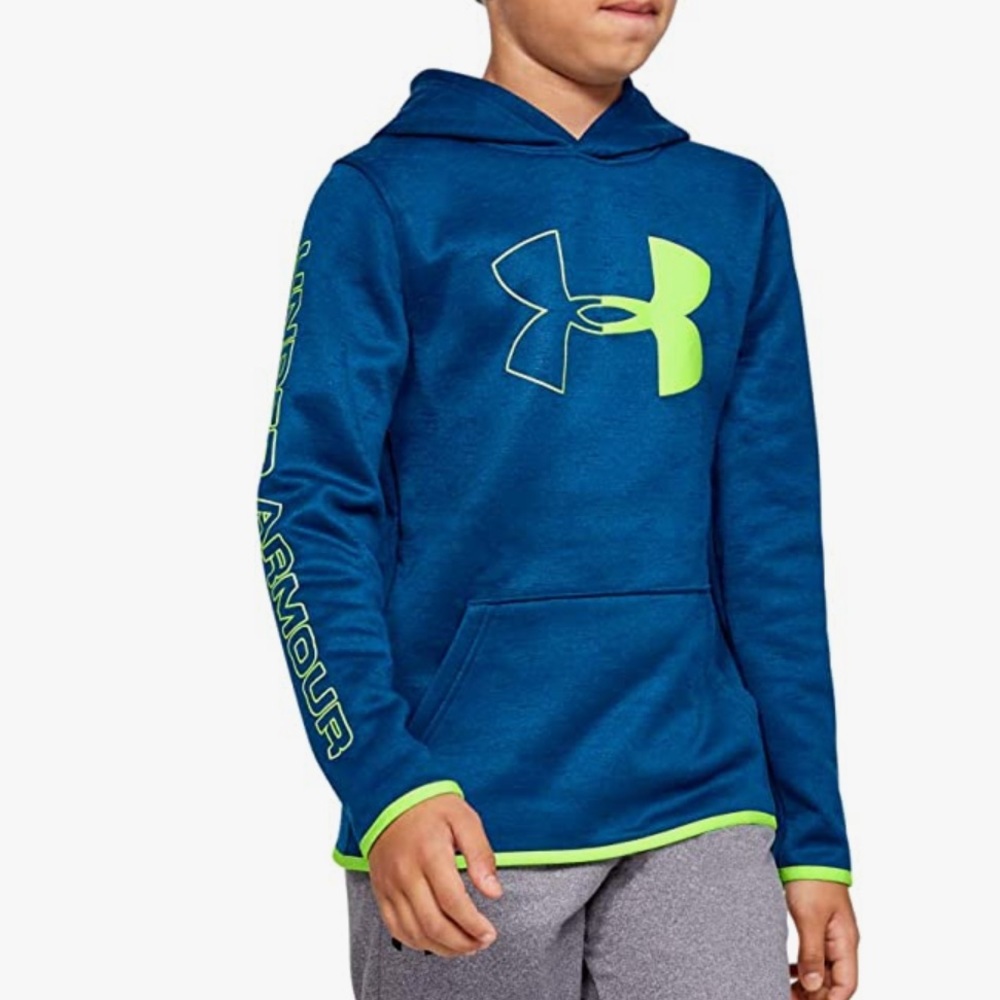 Under Armour SZ YXS Boys Fleece Branded Hoodie- Teal Vibe/ Lime Green